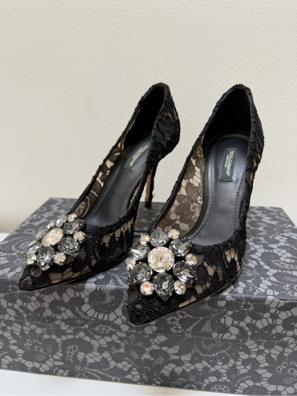 Dolce & Gabbana Black Lace Pointed Pumps with Crystal Brooch
